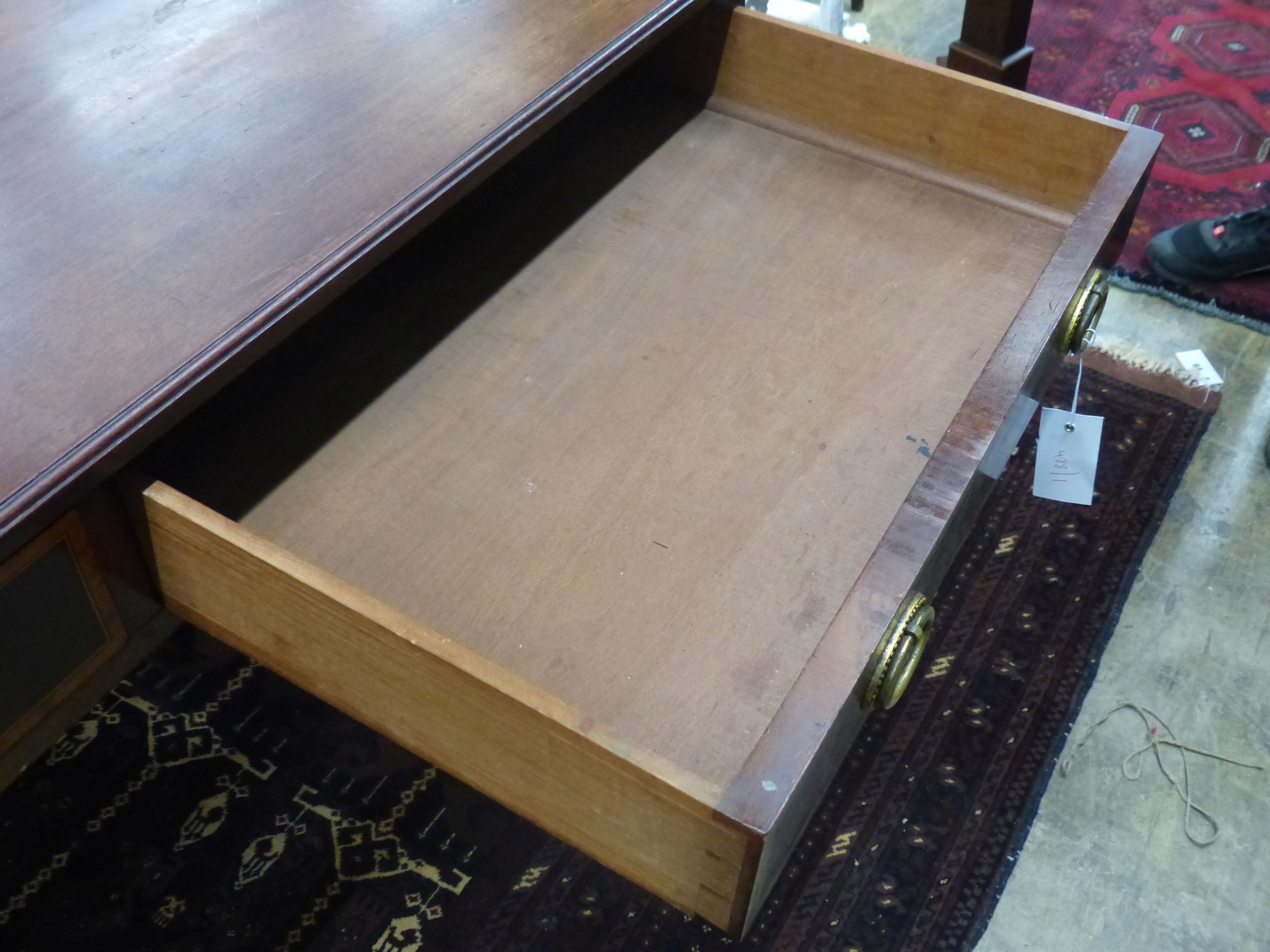 An Edwardian satinwood banded mahogany two drawer side table, width 122cm, depth 54cm, height 76cm